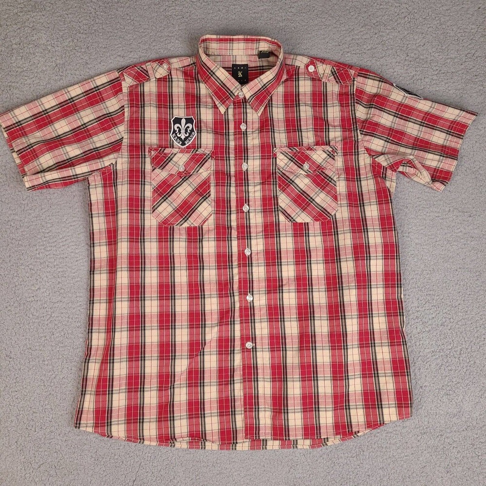 Kani‎ Gold Shirt Mens XL Red Plaid Button Down Short Sleeve Patches Fitted